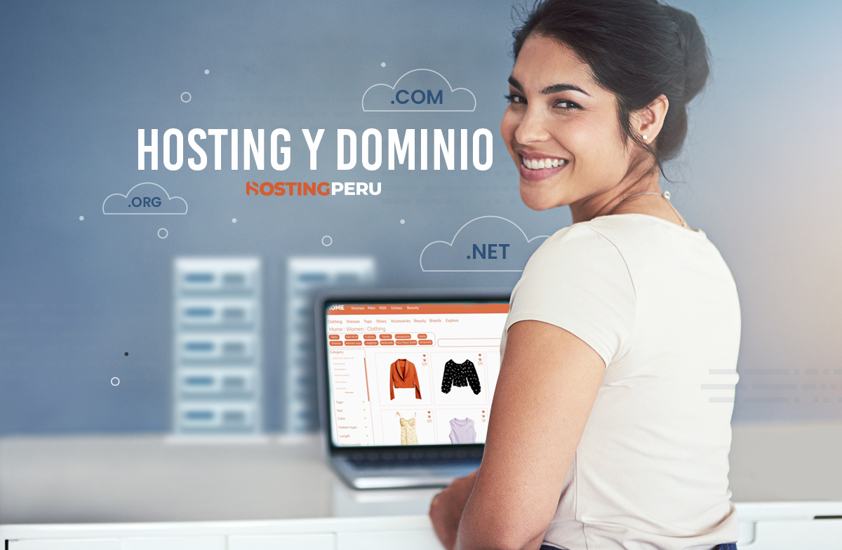 Emprendedora mostrando su negocio digital con hosting y dominio Hostingperu.com