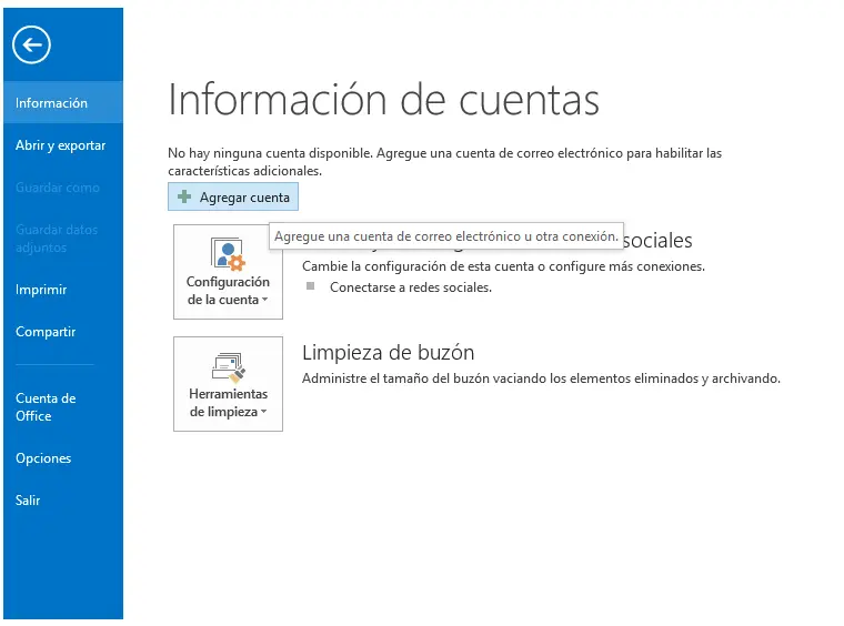 Paso 1- configurar correo electrónico en Microsoft Outlook 2013