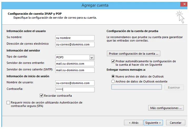 Paso 4 - configurar correo electrónico en Microsoft Outlook 2013
